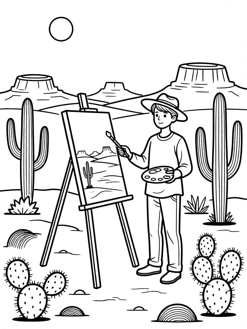 (New Mexico) An artist painting a desert landscape