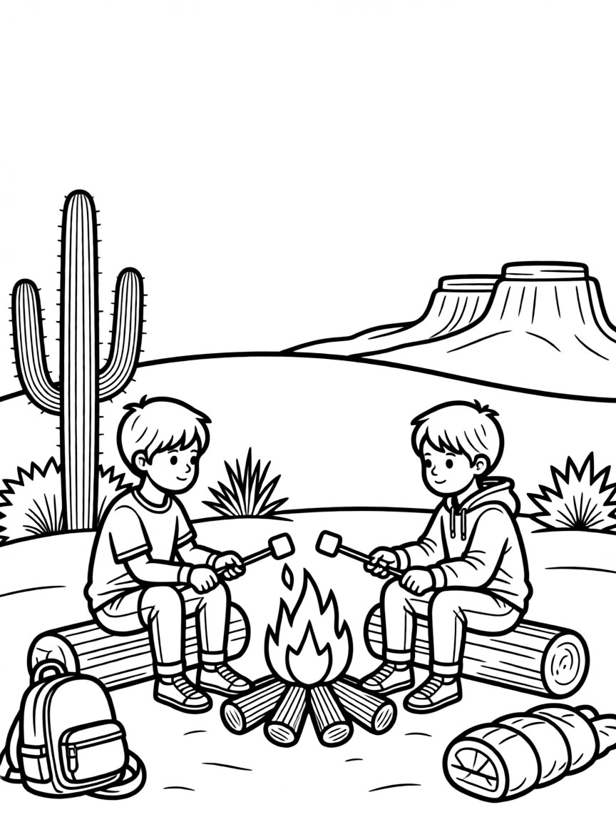 (New Mexico) Kids roasting marshmallows at a desert campsite