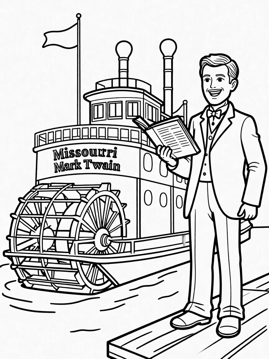 (Missouri) Mark Twain with a book and a steamboat
