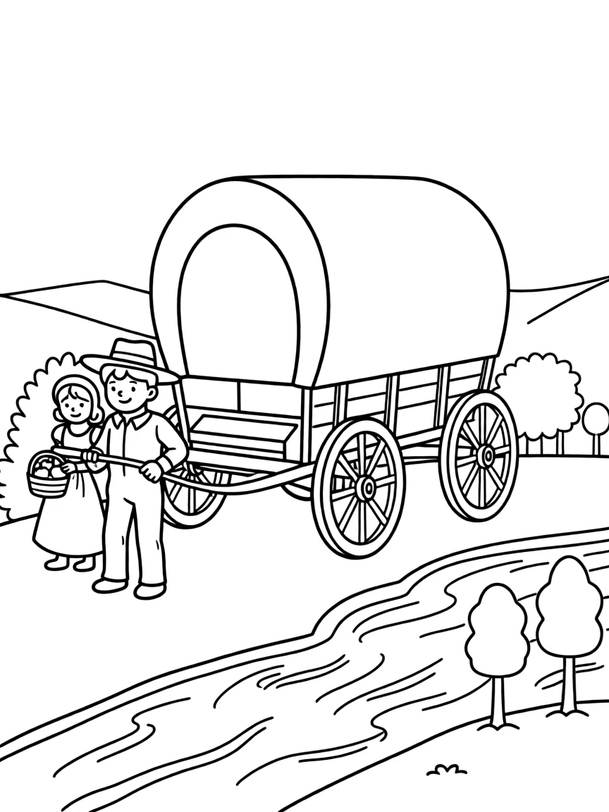 (Missouri) A covered wagon crossing Missouri