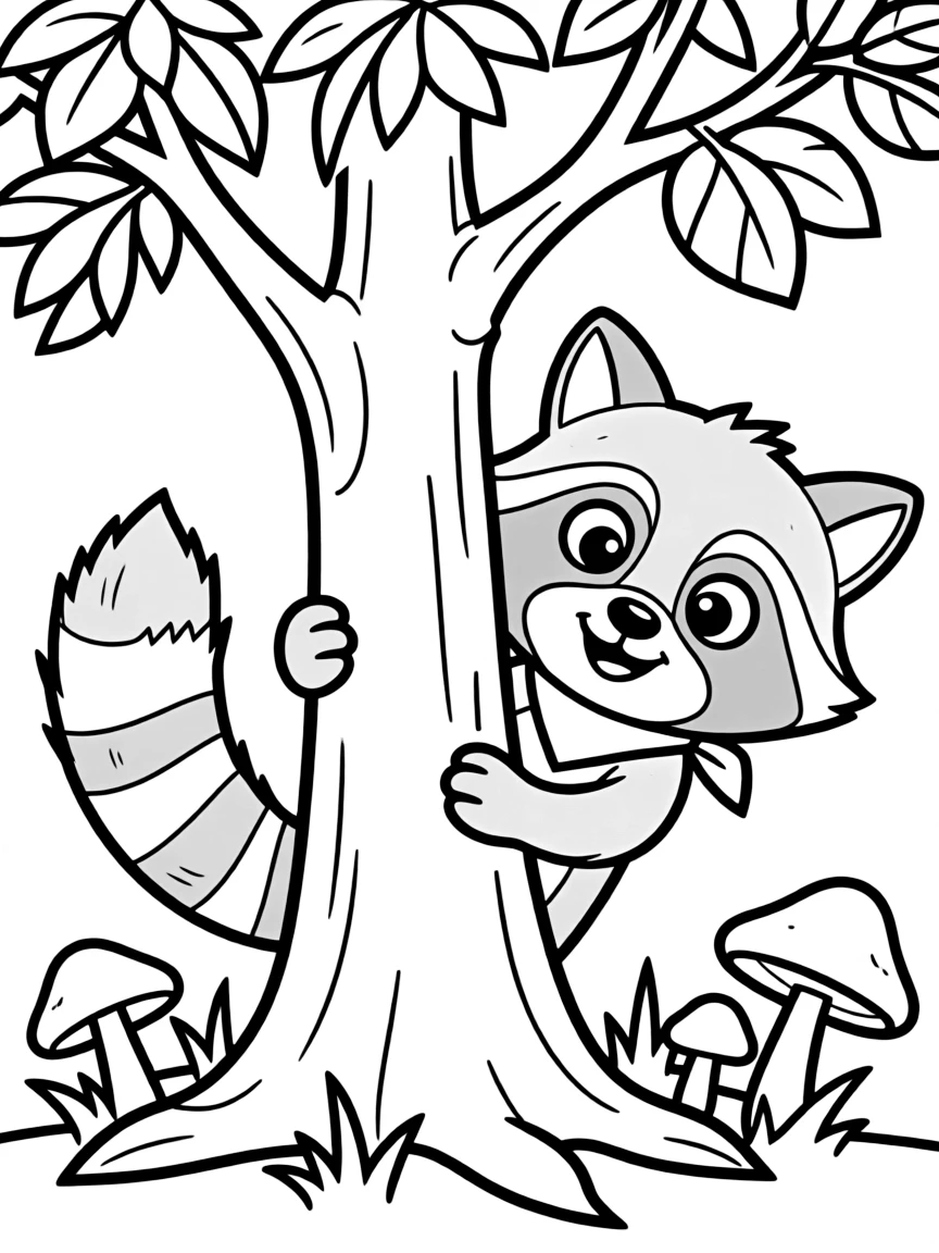 (Missouri) A cheerful raccoon peeking from a tree