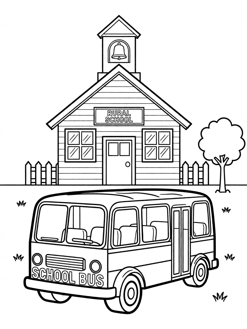(Missouri) A school bus in front of a rural schoolhouse
