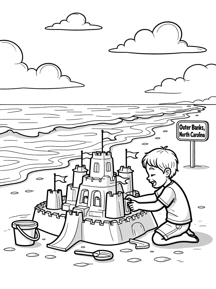 (North Carolina) A child building a sandcastle on the Outer Banks