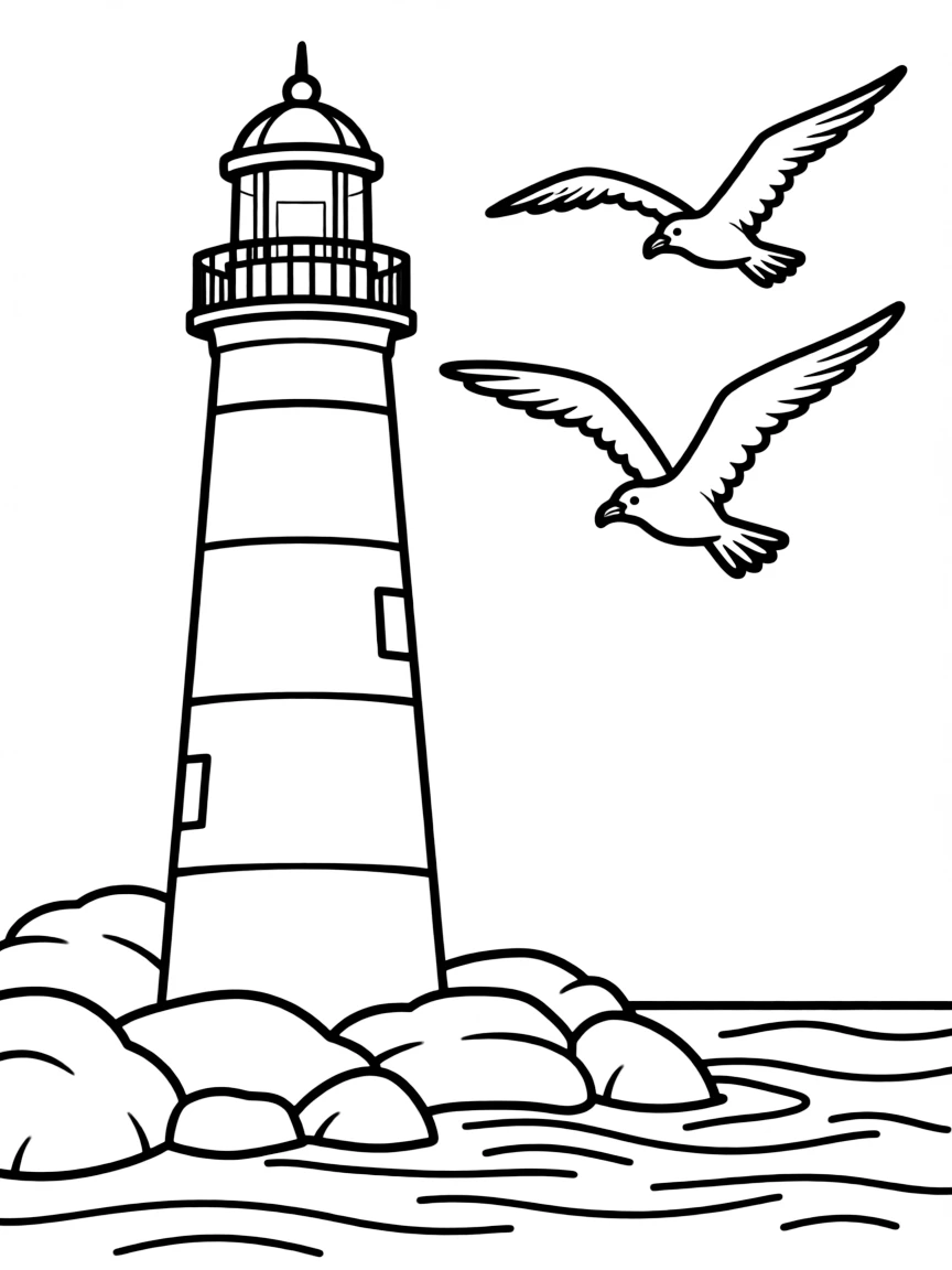 (North Carolina) A striped lighthouse with seagulls flying