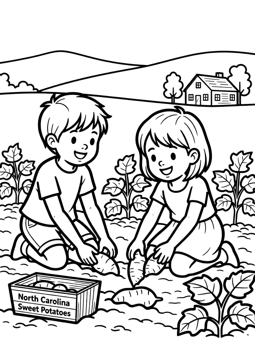 (North Carolina) Children picking sweet potatoes (state vegetable)