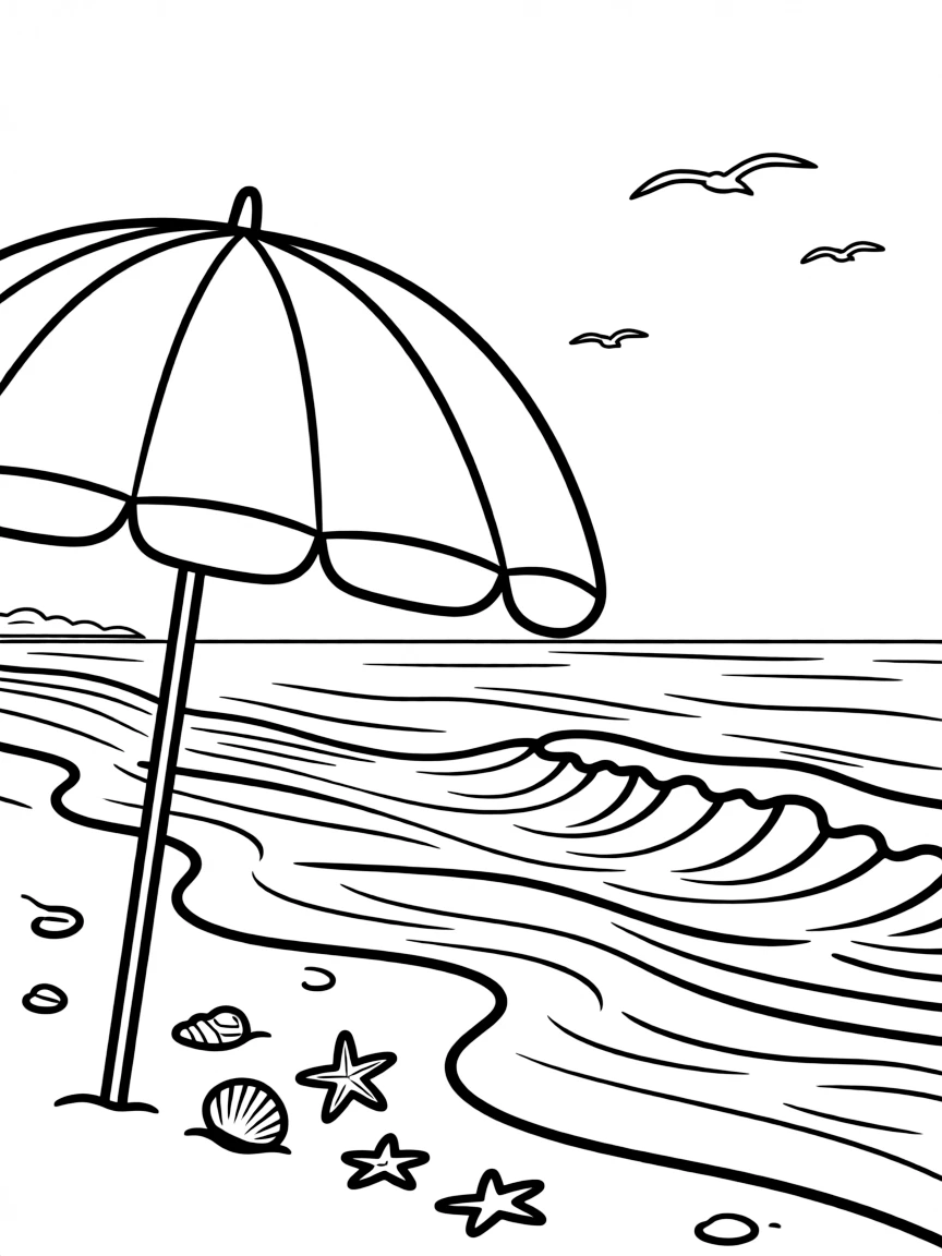 (North Carolina) A beach umbrella and waves at the coast