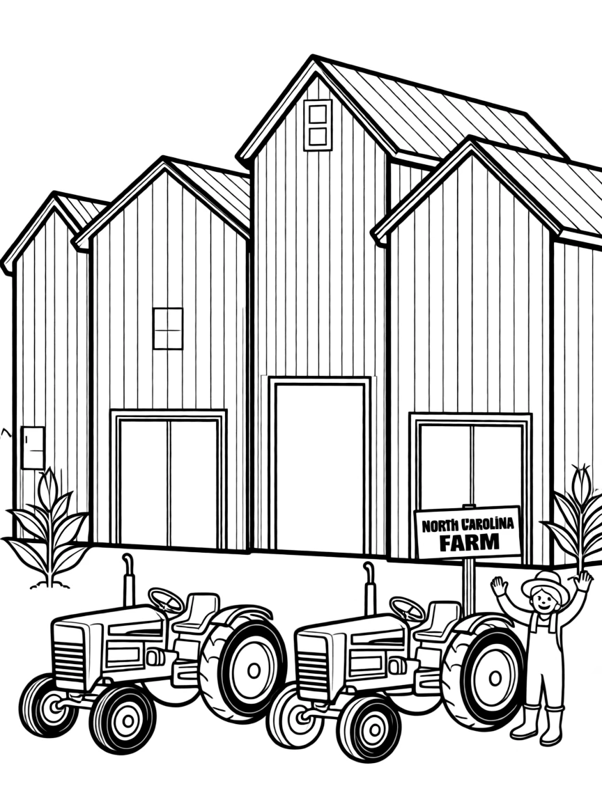 (North Carolina) A farm with tobacco barns and tractors