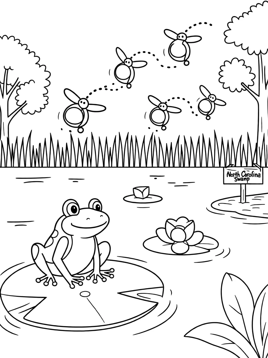 (North Carolina) A frog and fireflies in a summer swamp