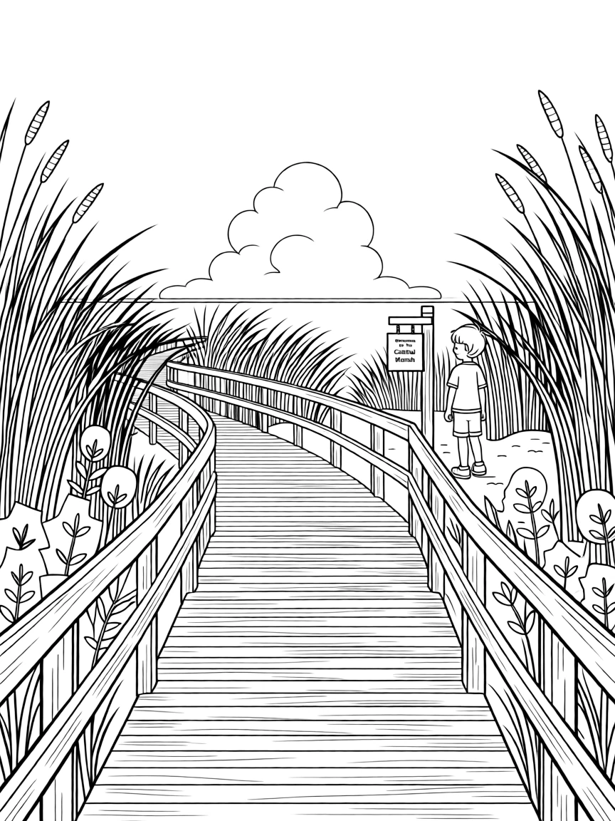 (North Carolina) A wooden boardwalk through a coastal marsh