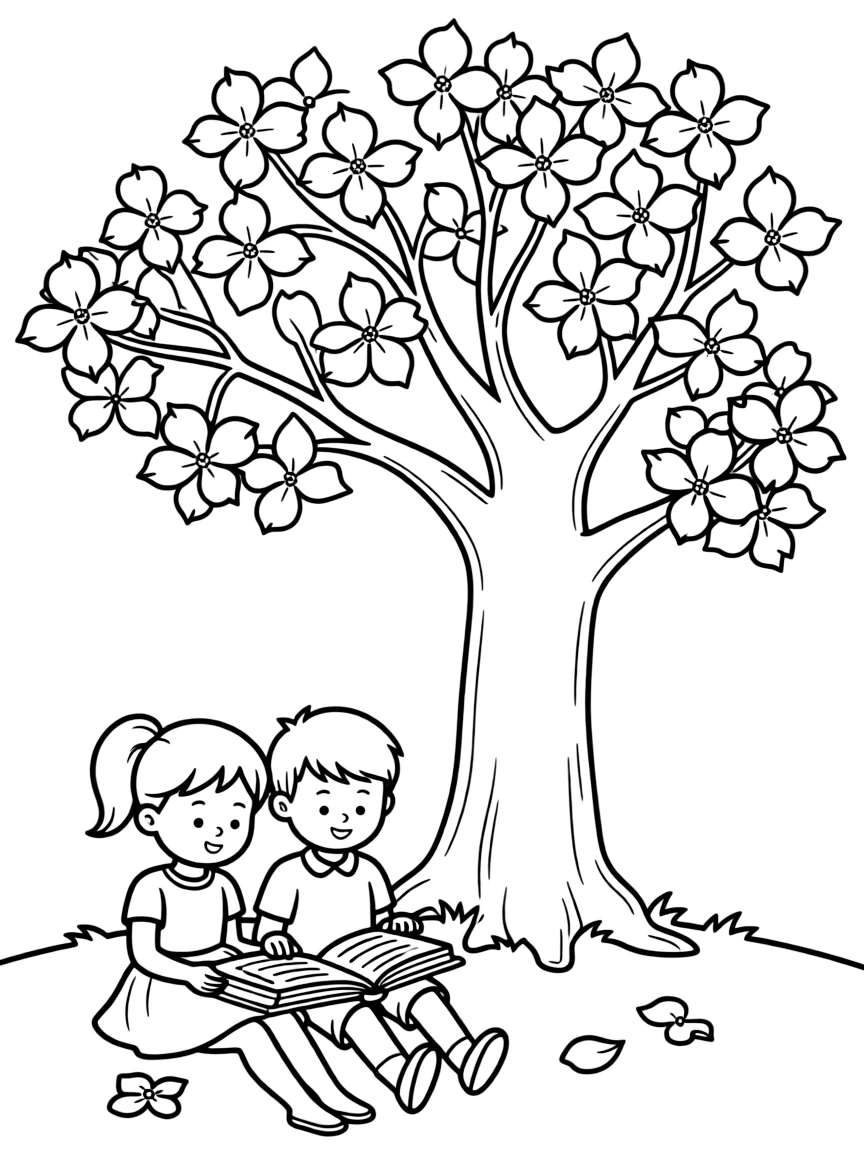 (North Carolina) A girl and boy reading under a dogwood tree