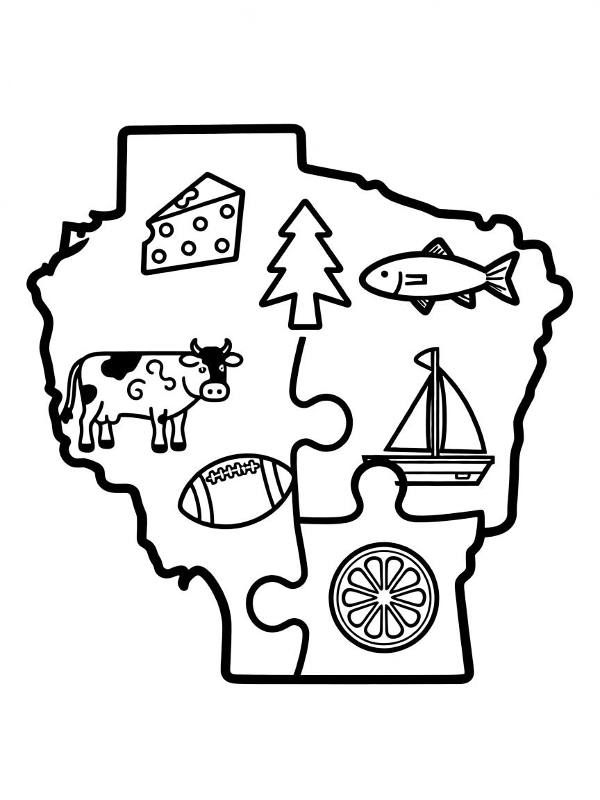 (Wisconsin) A Wisconsin-shaped puzzle with icons inside
