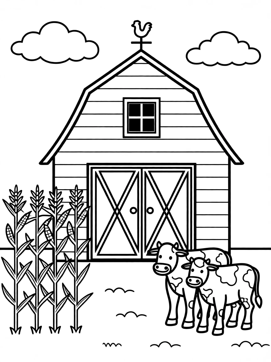 (Wisconsin) A farm scene with corn, cows, and a red barn