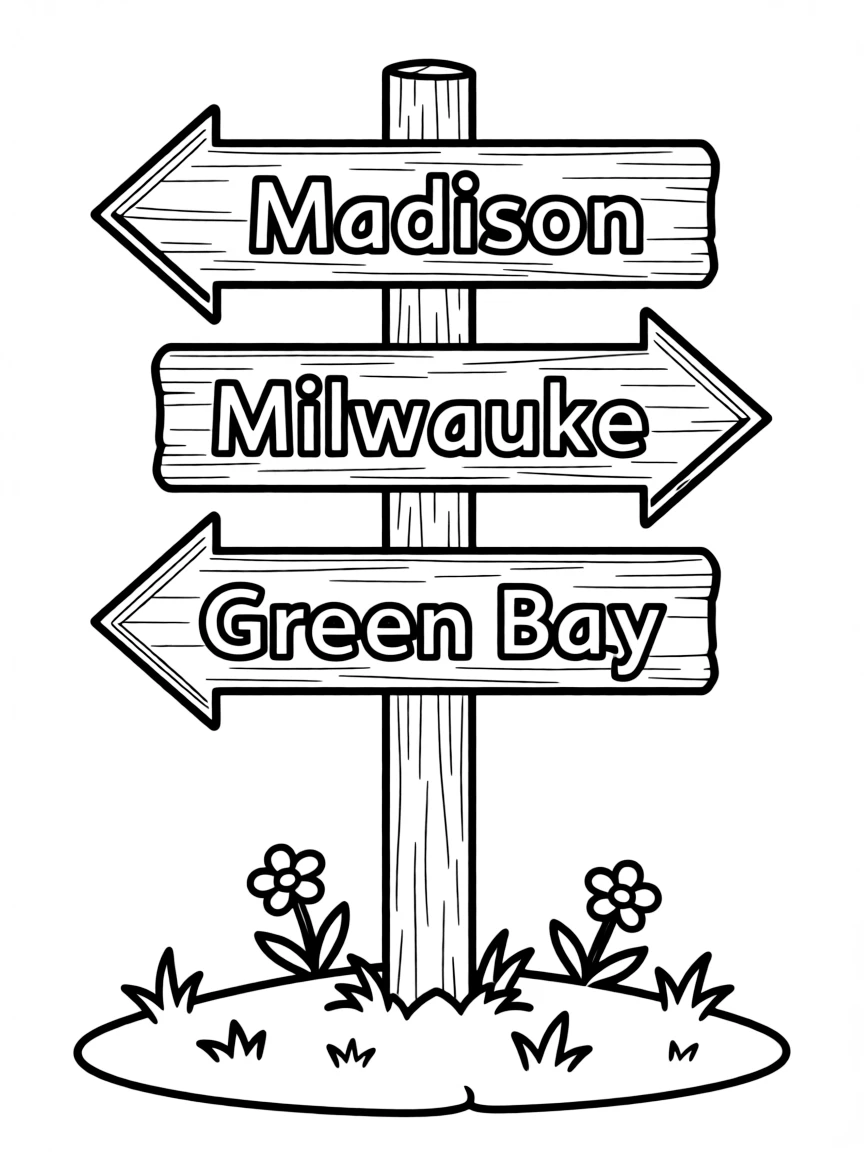 (Wisconsin) A signpost showing directions to Madison, Milwaukee, and Green Bay