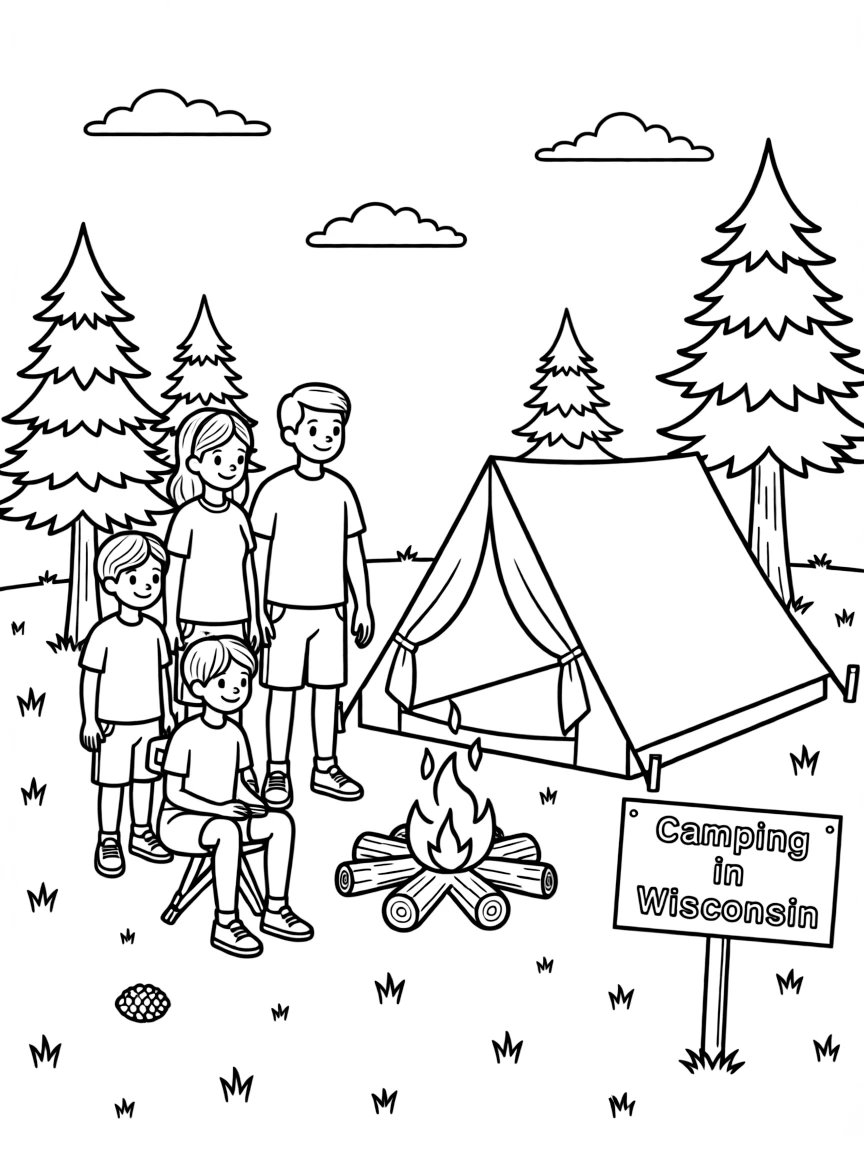 (Wisconsin) A family camping with a tent and campfire