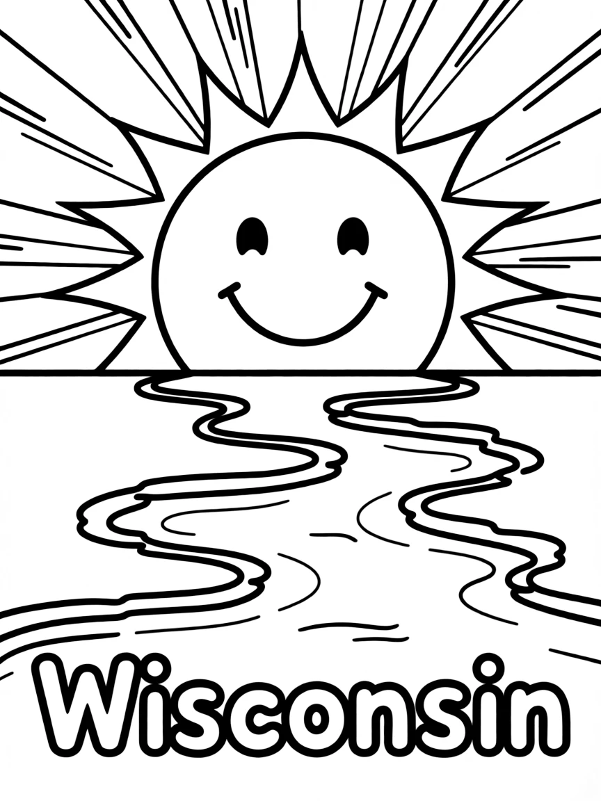 (Wisconsin) A smiling sun over the Great Lakes with "Wisconsin" below