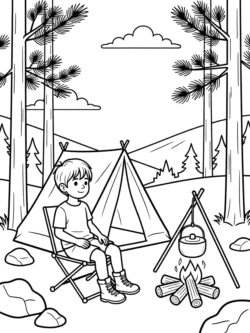 (Montana) A child camping in a Montana forest