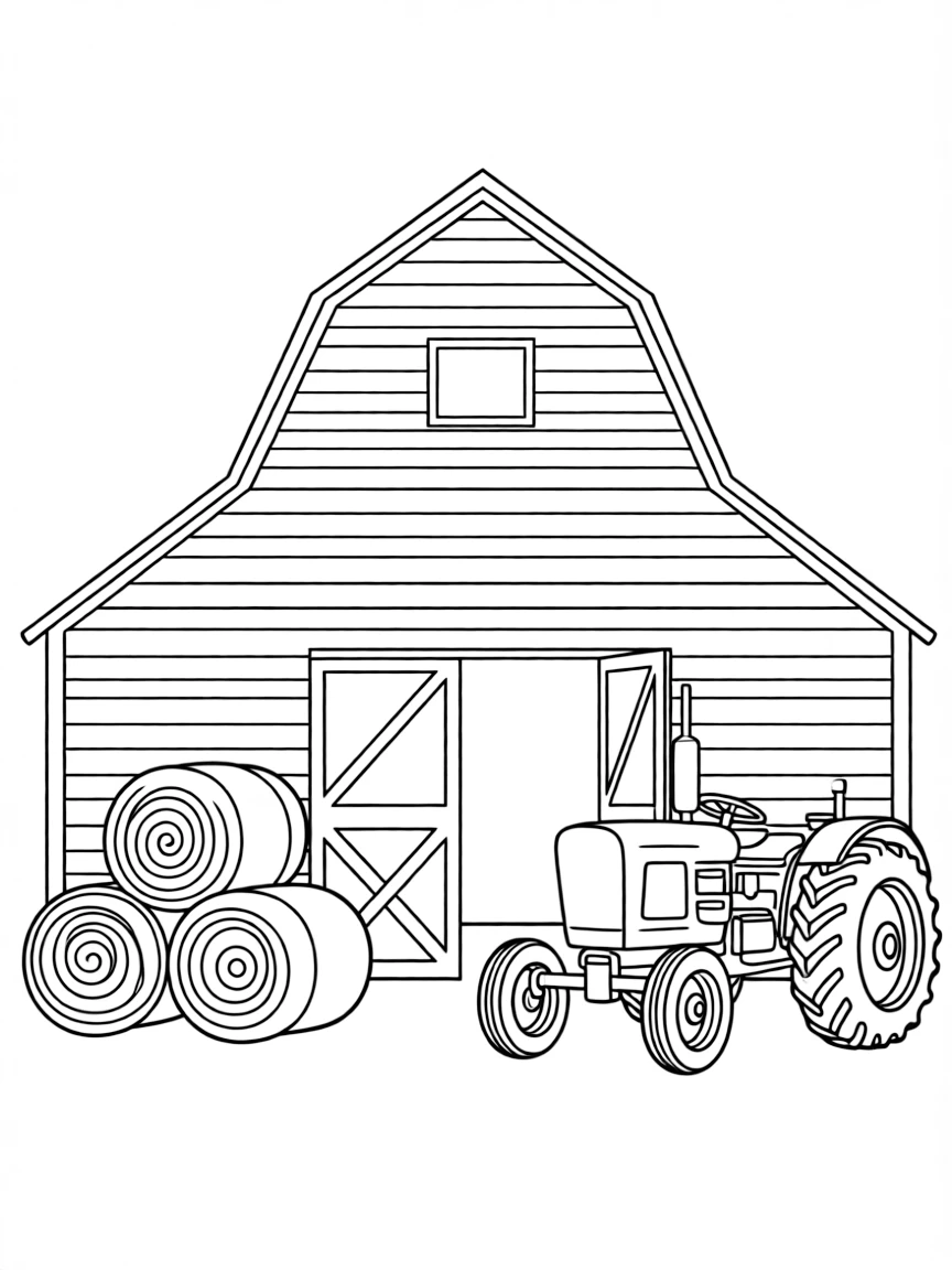 (Montana) A barn with hay bales and a tractor