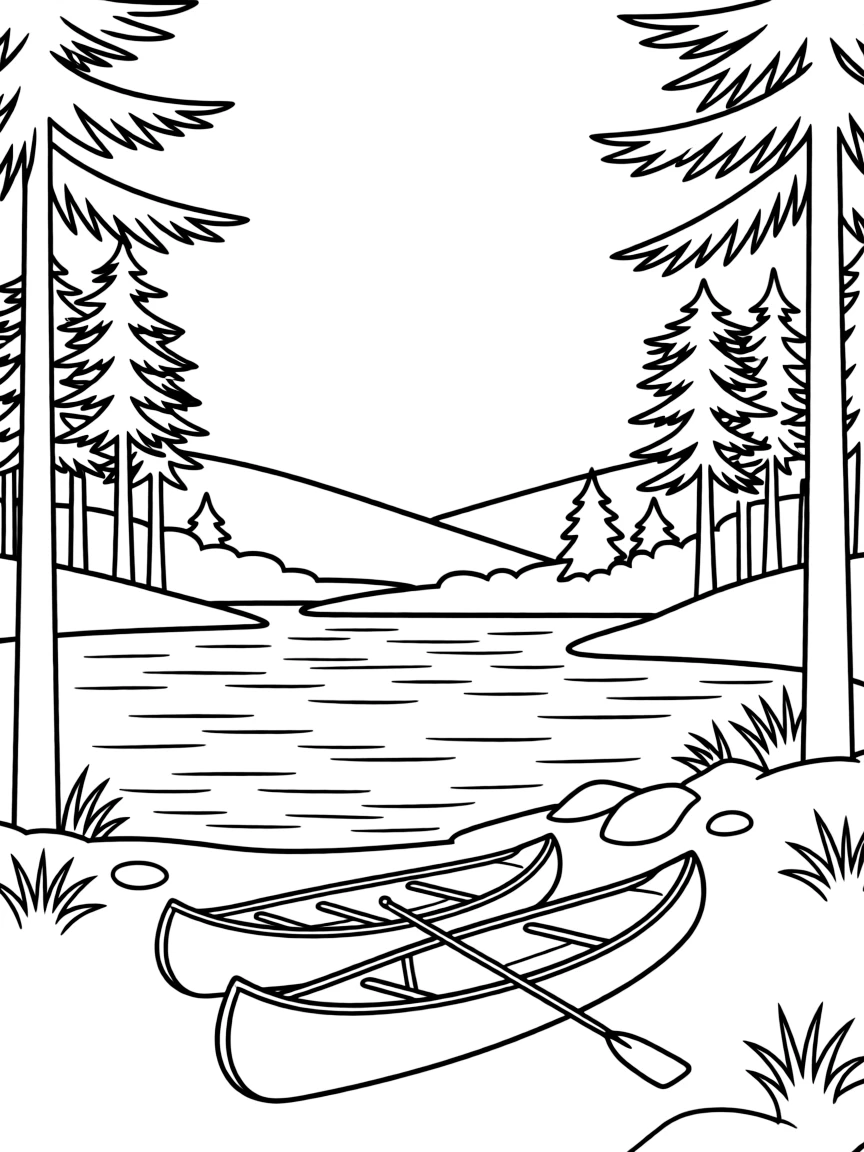 (Montana) A scenic lake with pine trees and canoes