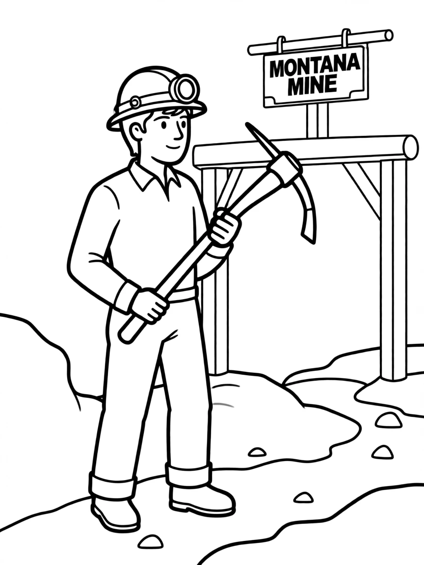 (Montana) A Montana miner with a pickaxe and helmet