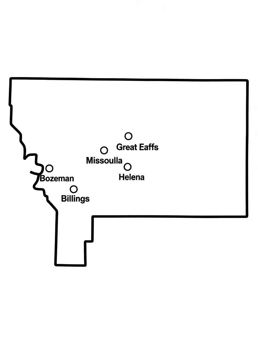 (Montana) The outline of Montana with major cities labeled