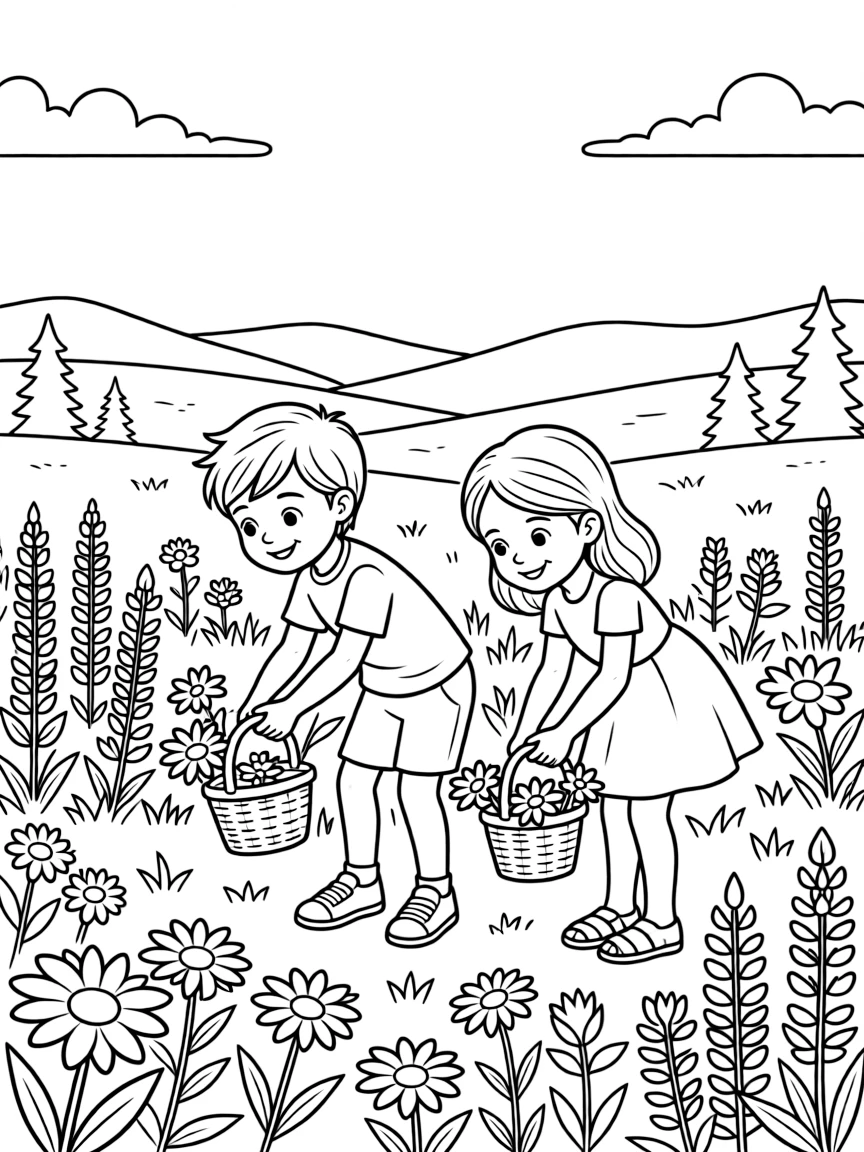(Montana) Children picking wildflowers in a Montana meadow