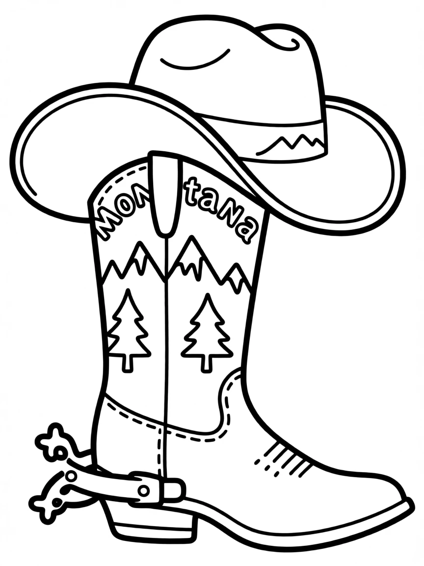(Montana) A cowboy boot and hat with Montana designs