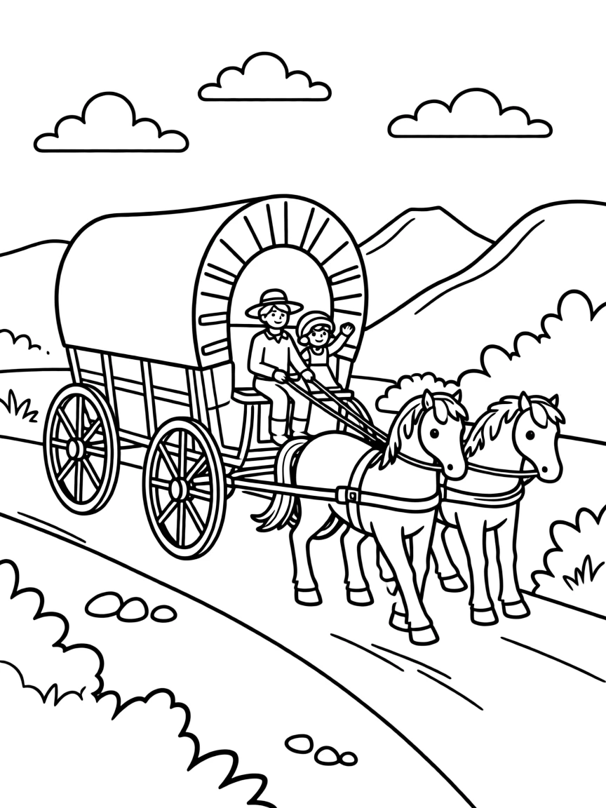 (Montana) A covered wagon crossing a Montana trail
