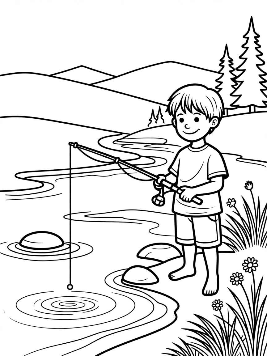 (Montana) A child holding a fishing rod beside a river