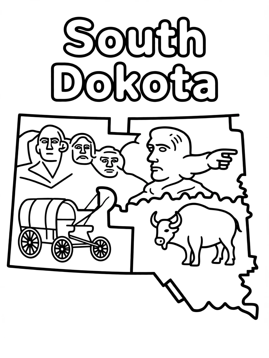 (South Dakota) The South Dakota state outline with landmarks inside