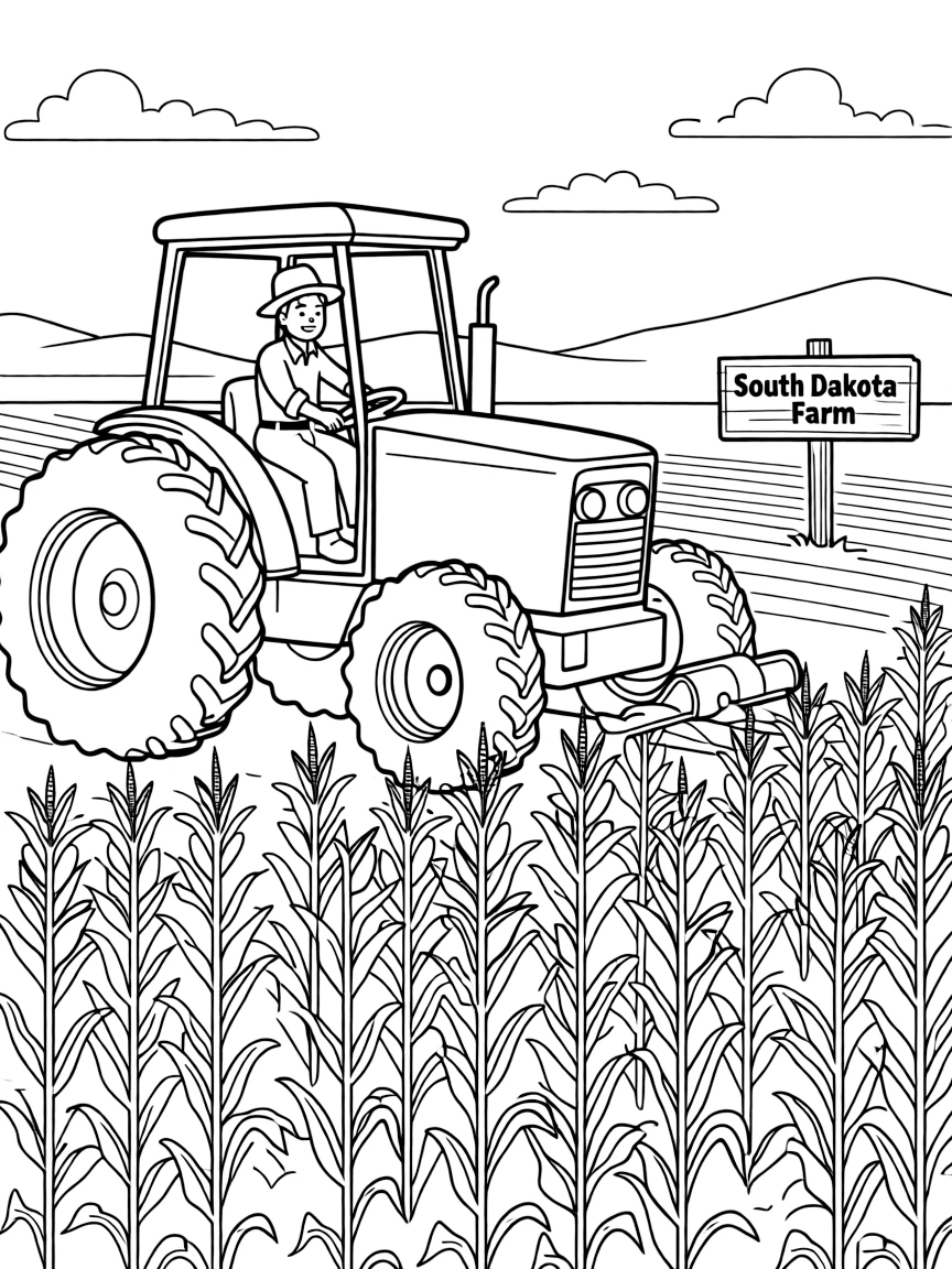 (South Dakota) A tractor harvesting corn in a farm field