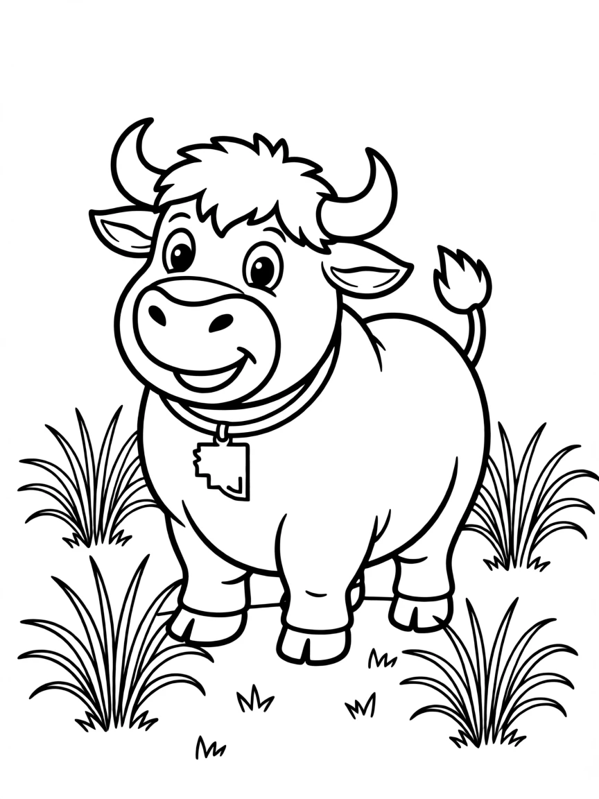 (South Dakota) A cheerful buffalo cartoon with prairie grass