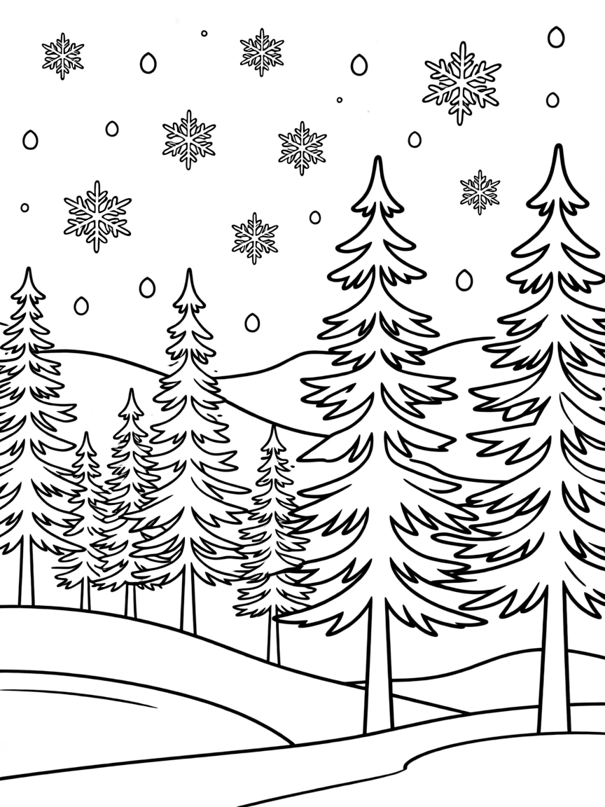 (South Dakota) Snowflakes falling on a pine forest in winter