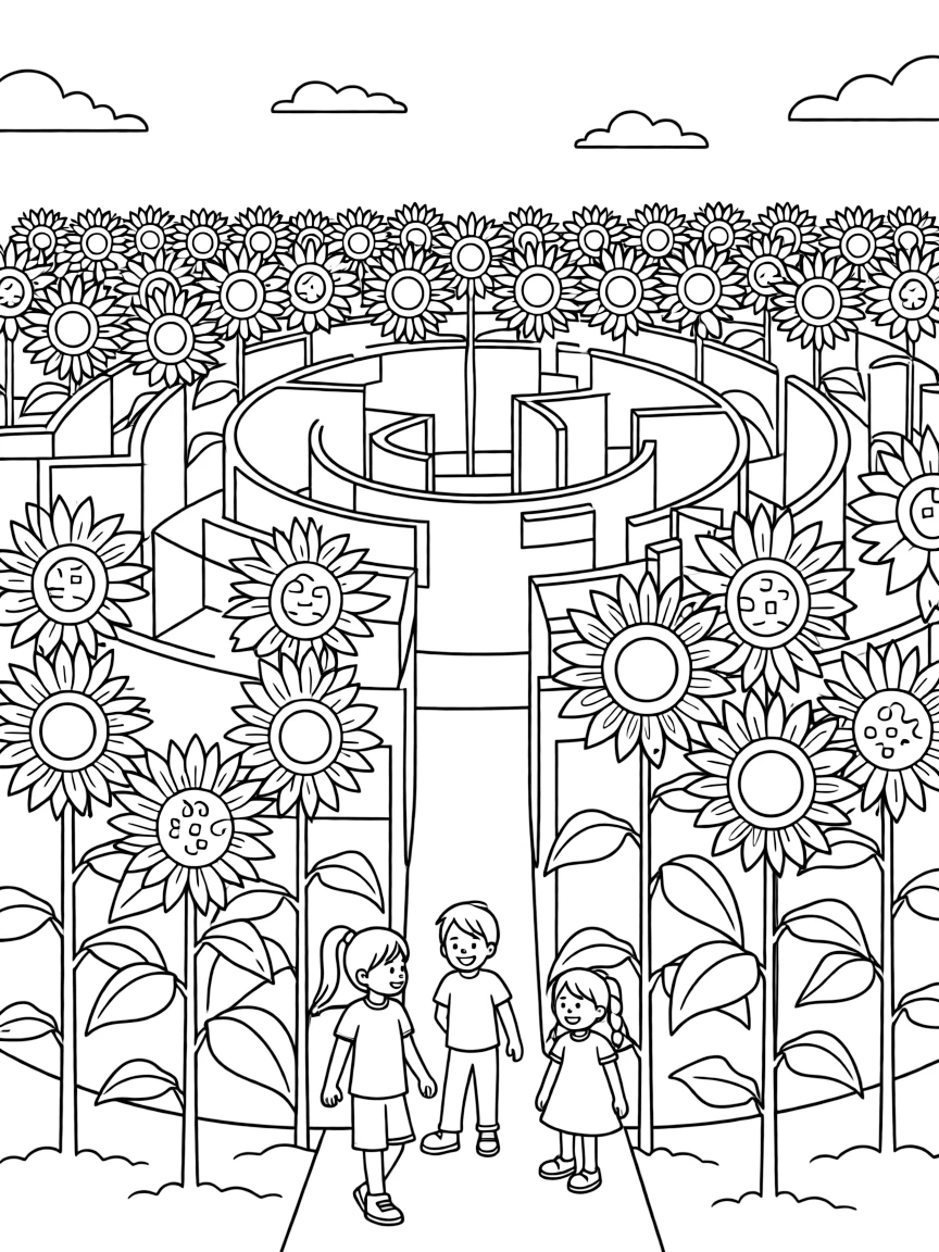 (South Dakota) A sunflower maze with kids walking inside