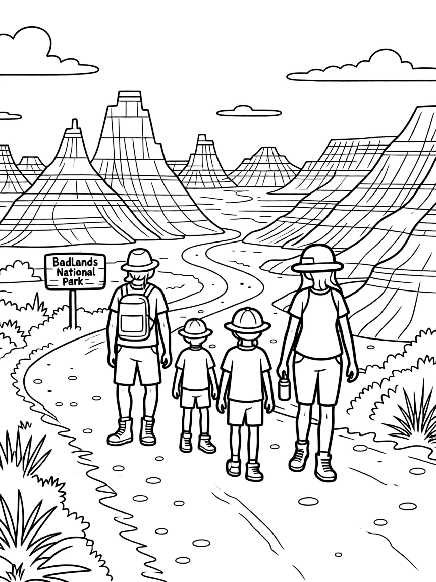 (South Dakota) A family hiking in the Badlands