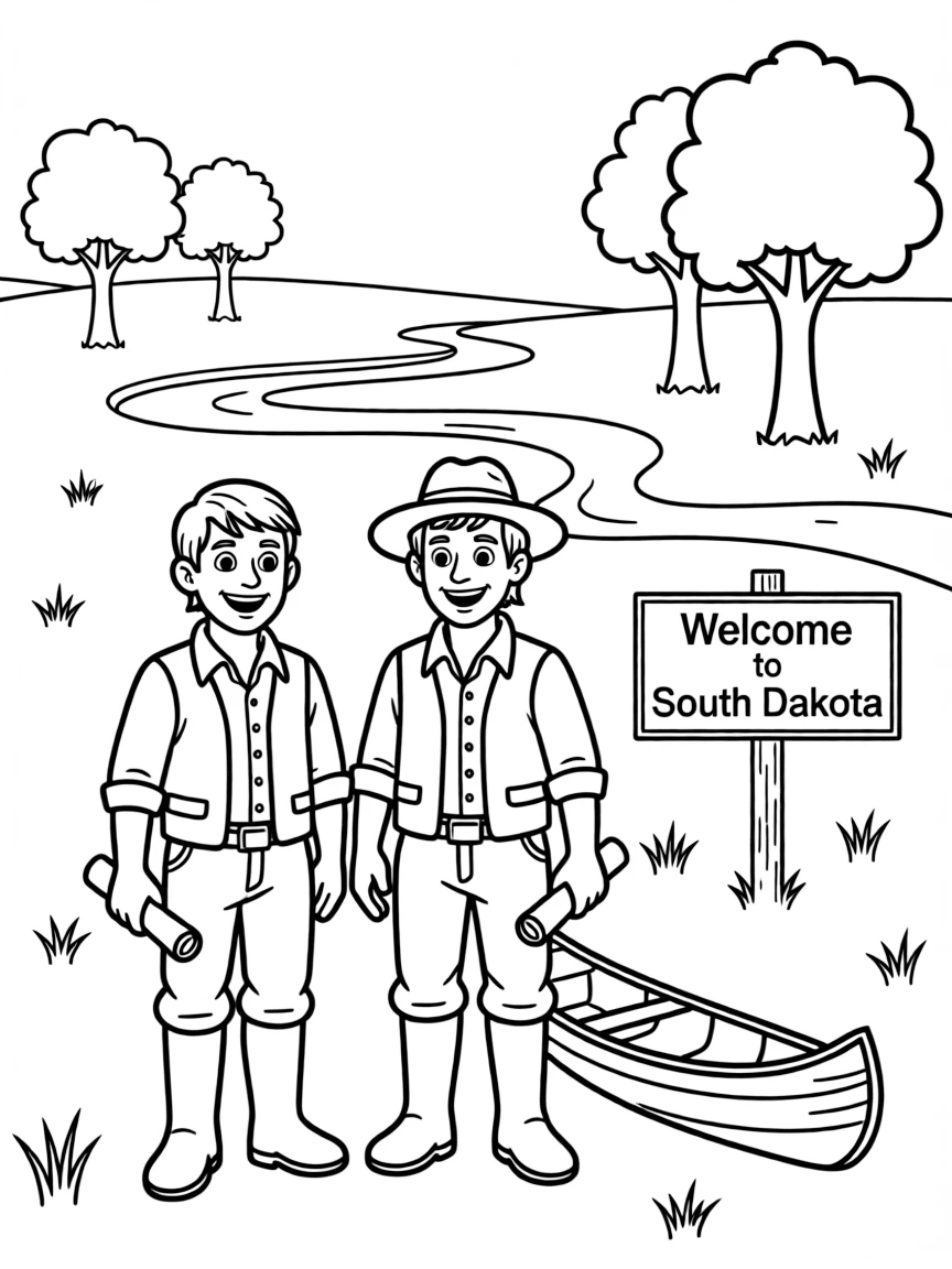 (South Dakota) A cheerful cartoon of Lewis and Clark