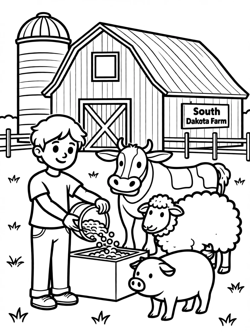 (South Dakota) A child feeding farm animals on a South Dakota farm