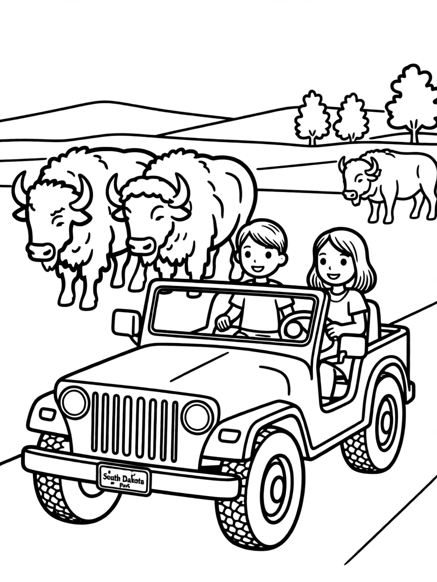 (South Dakota) Kids watching buffalo during a park drive