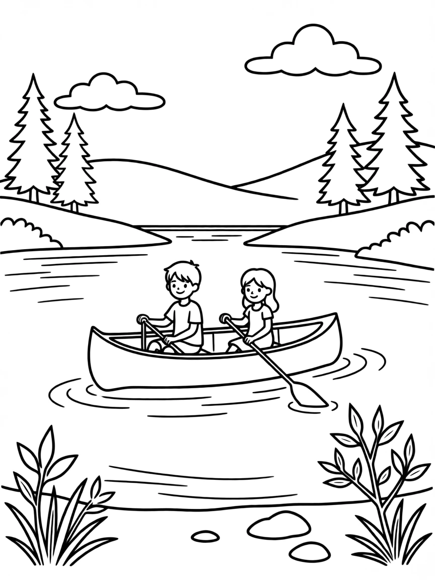 (South Dakota) A peaceful lake scene with a canoe
