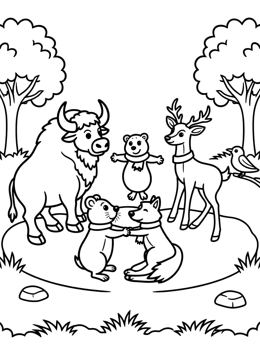 (South Dakota) A cartoon of South Dakota animals playing together