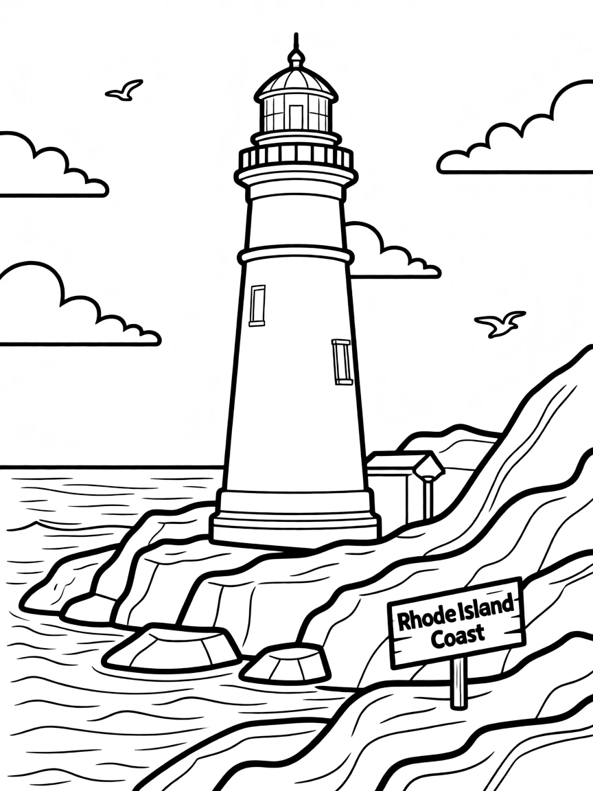 (Rhode Island) A lighthouse on a rocky Rhode Island coastline