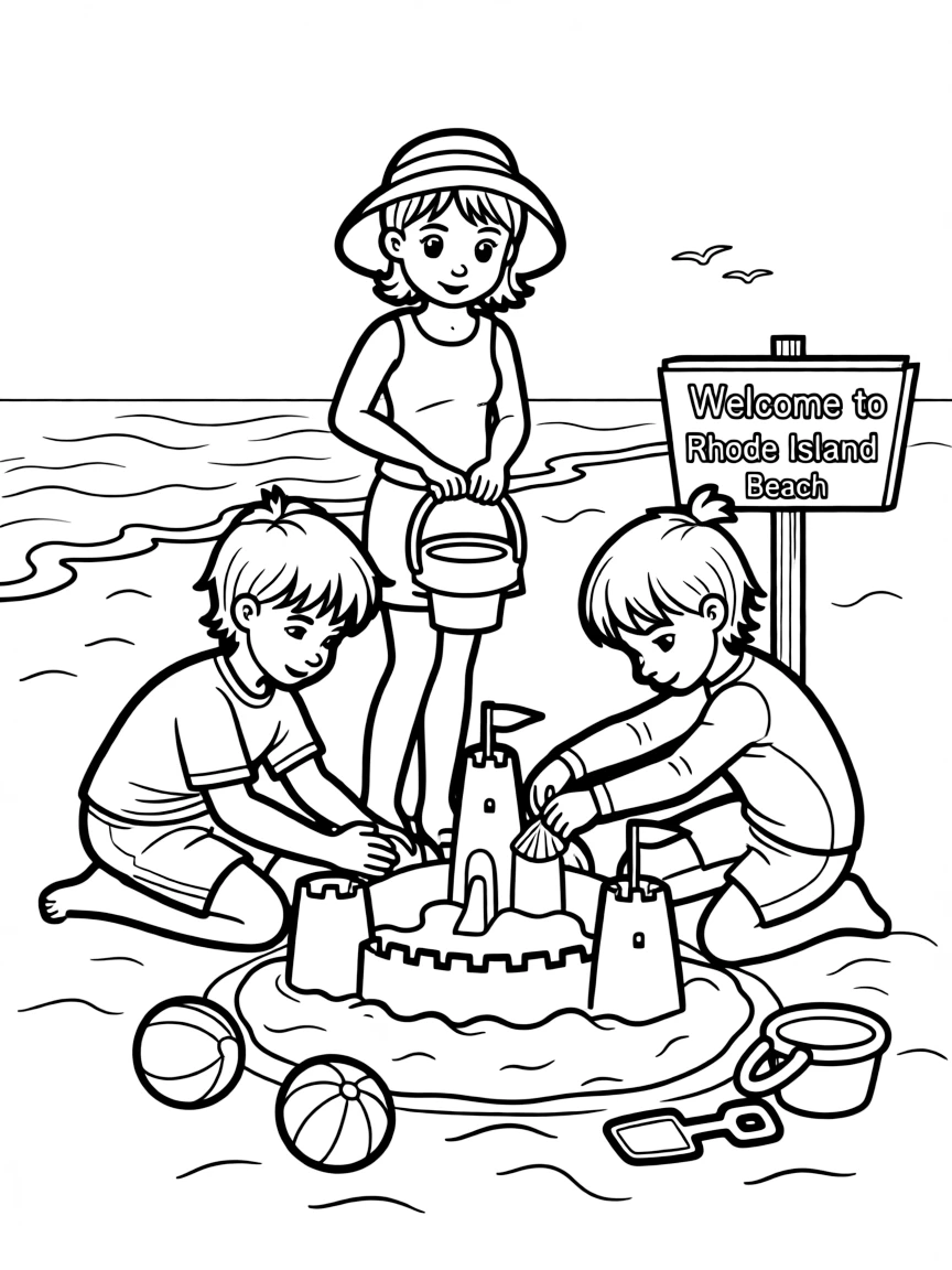 (Rhode Island) Children building sandcastles at a Rhode Island beach