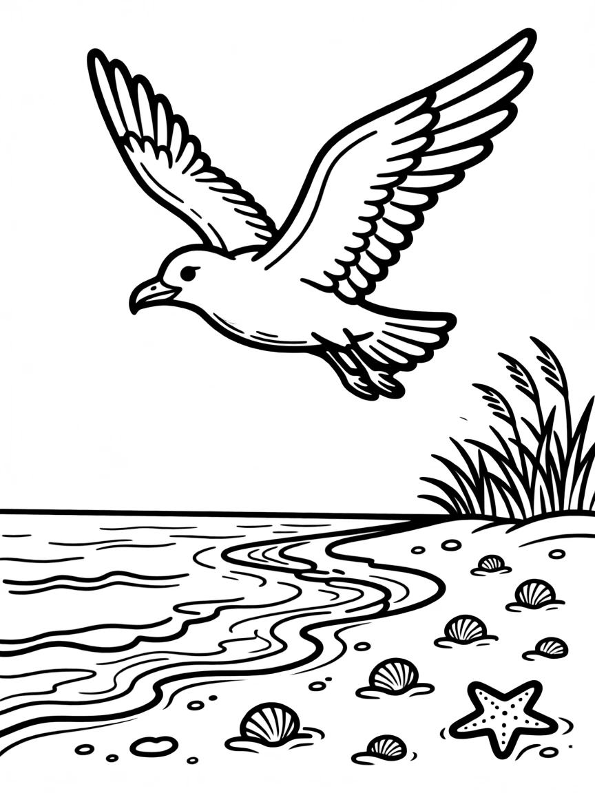 (Rhode Island) A seagull flying over the beach