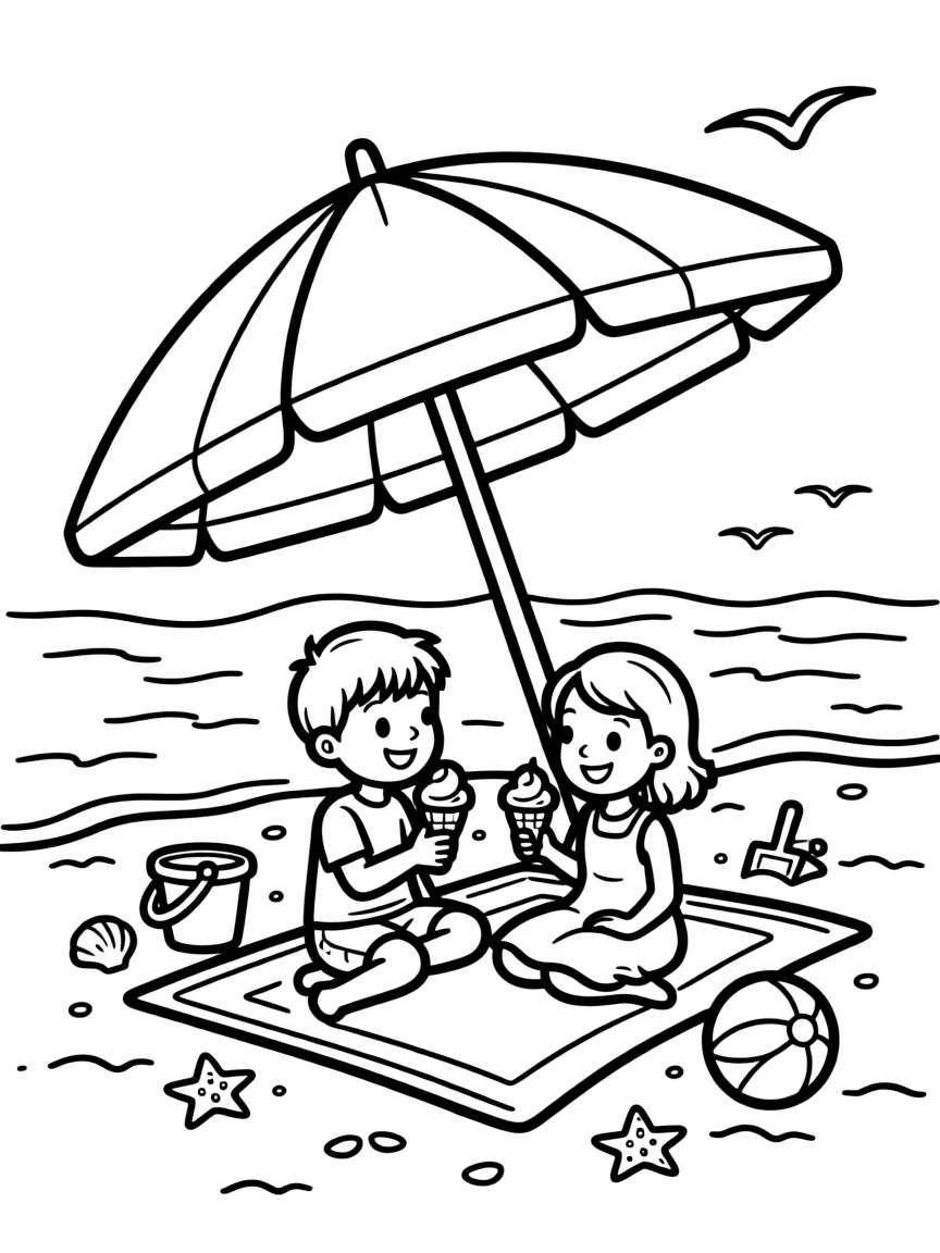 (Rhode Island) A beach umbrella with kids underneath
