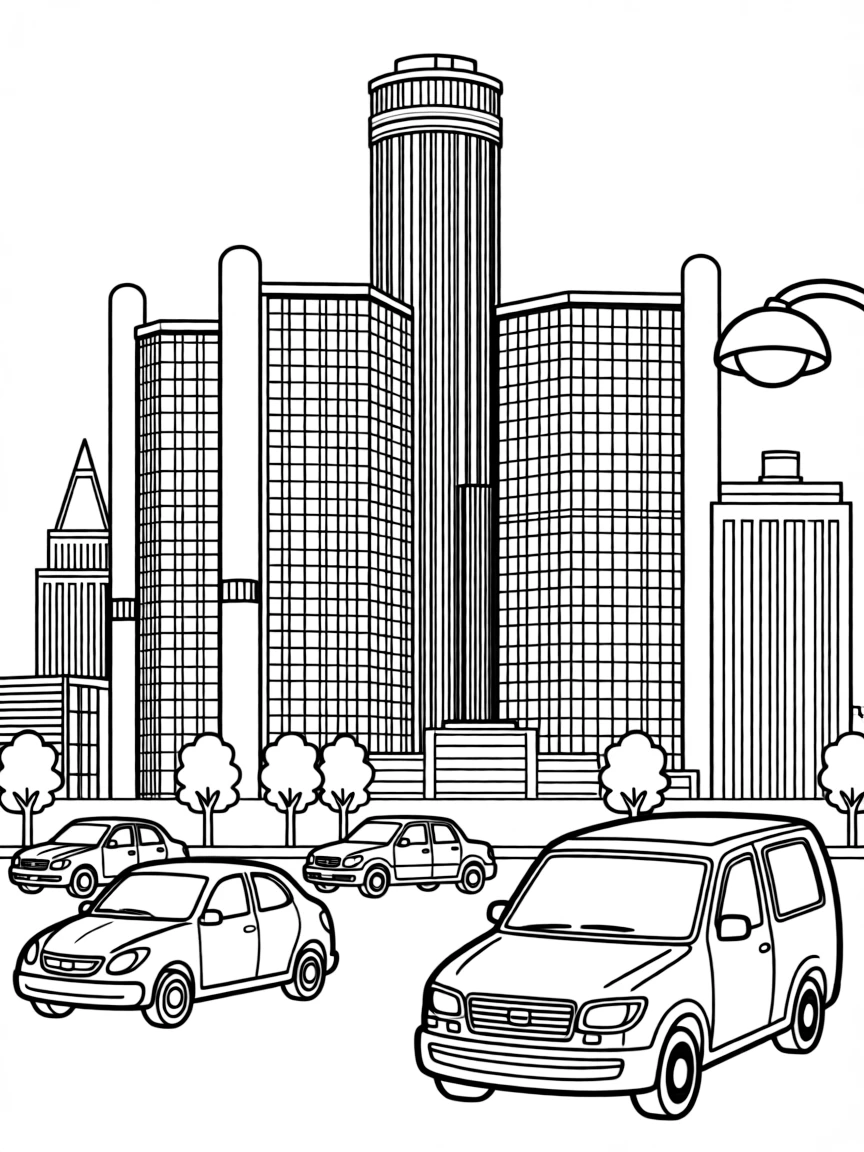 (Michigan) The Detroit skyline with cars and buildings