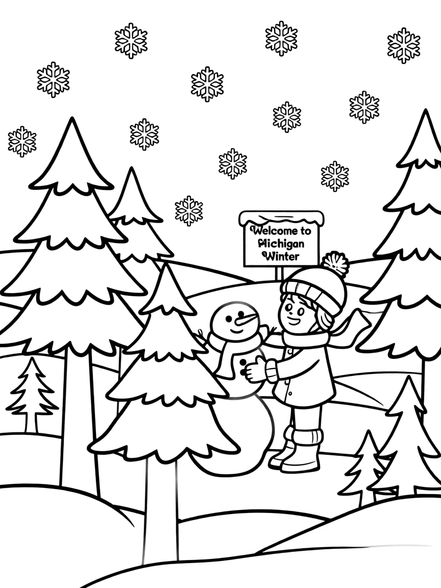 (Michigan) A snowy Michigan winter scene with pine trees