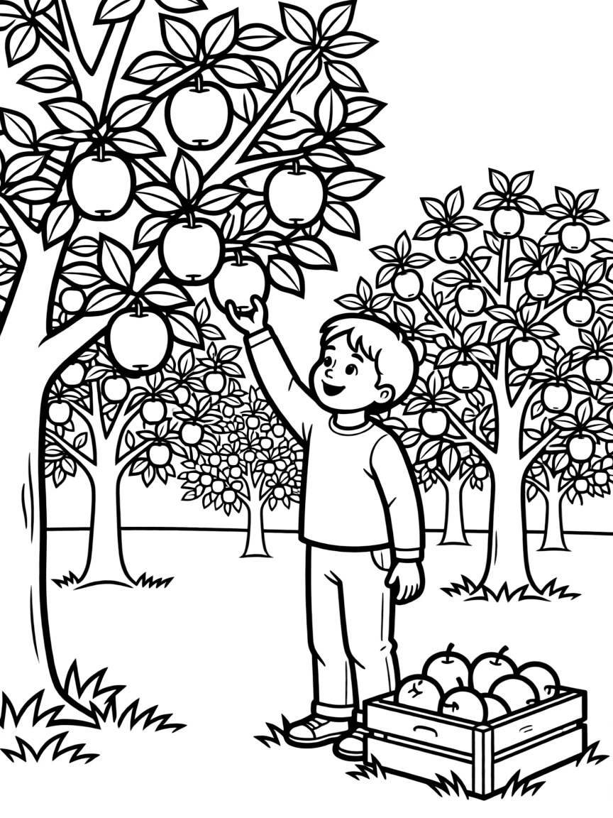 (Michigan) A child picking apples in a Michigan orchard