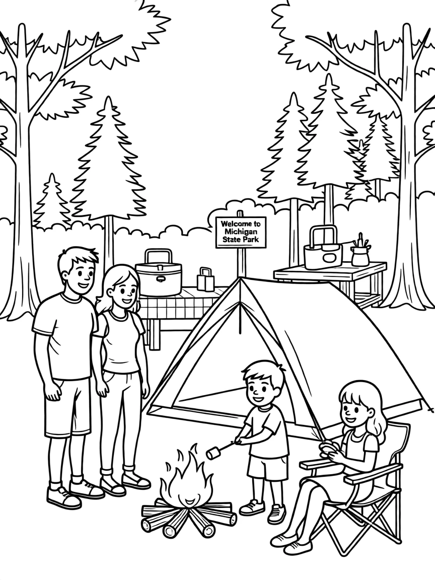 (Michigan) A family camping in Michigan's state park