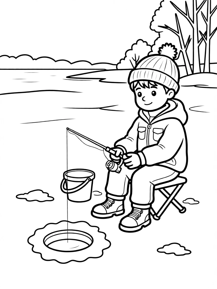 (Michigan) A boy ice fishing on a Michigan lake