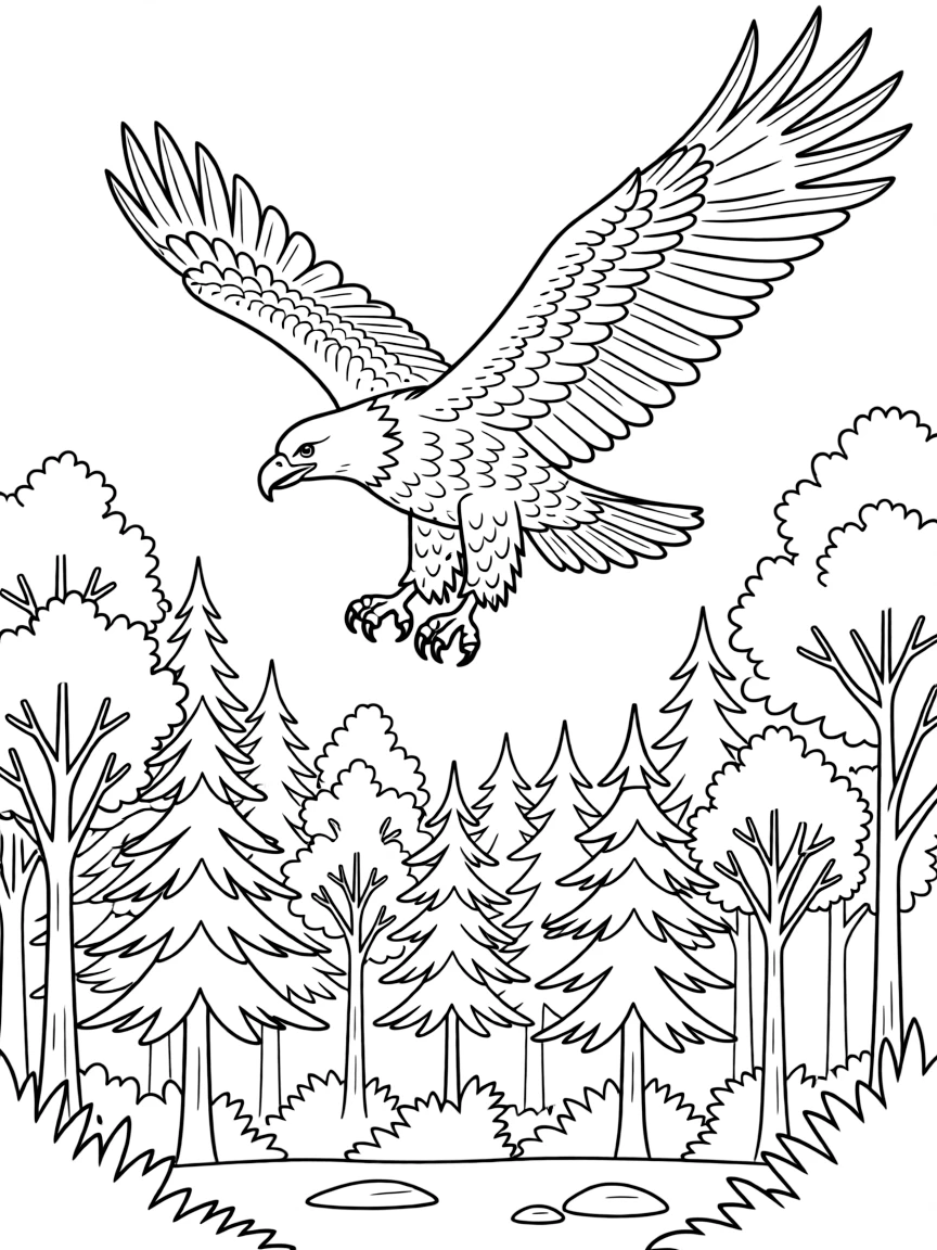 (Michigan) A bald eagle flying over Michigan woods