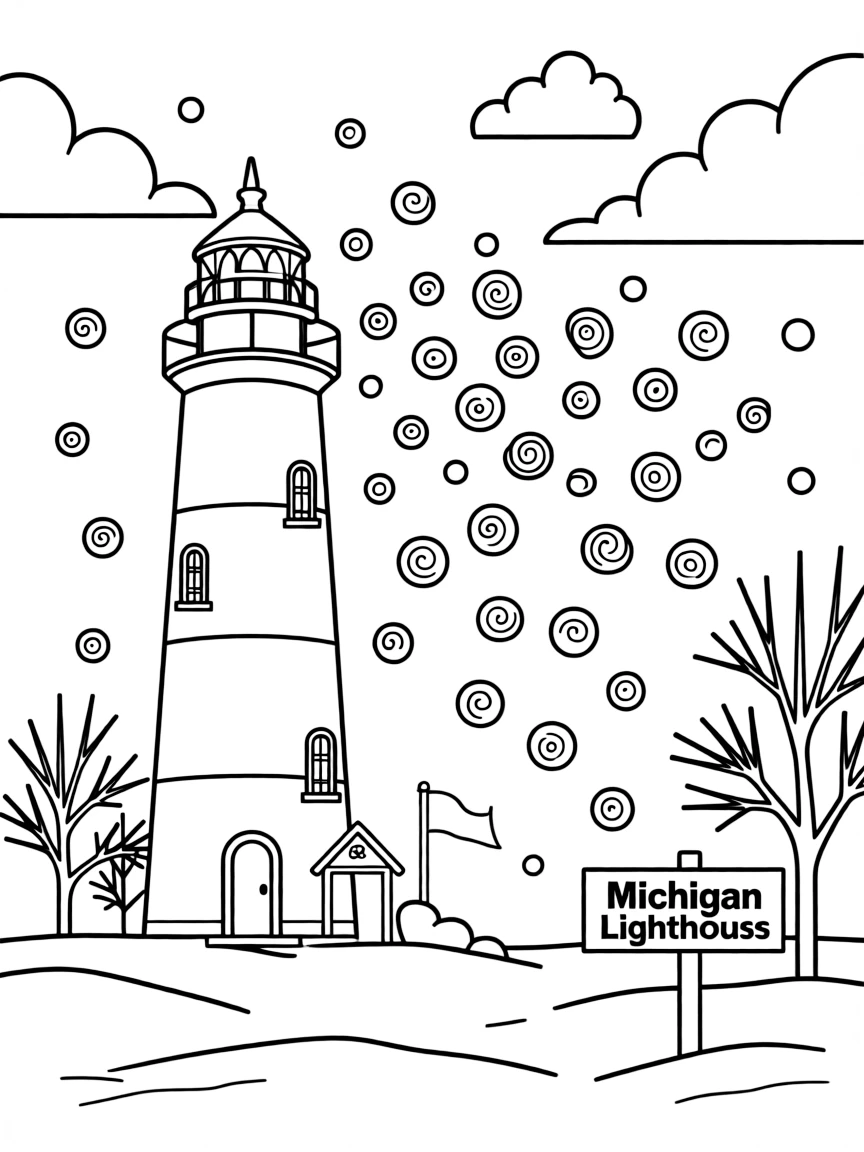 (Michigan) A Michigan lighthouse in a snowstorm